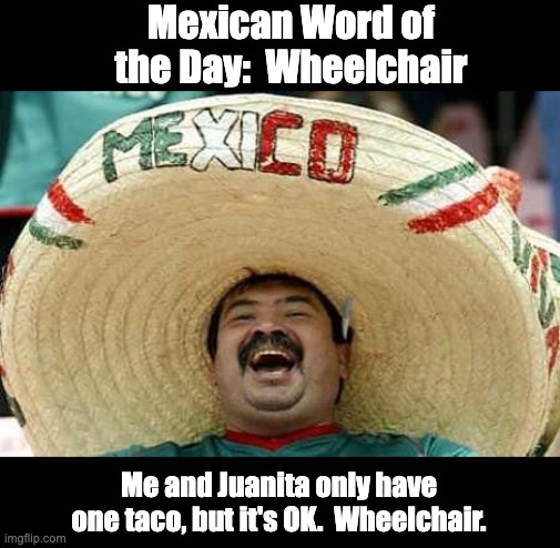 Happy Cinco de Mayo | Mexican Word of the Day:  Wheelchair; Me and Juanita only have one taco, but it's OK.  Wheelchair. | image tagged in juan | made w/ Imgflip meme maker
