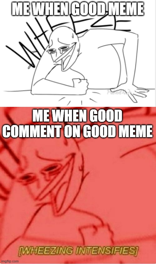 aka laughing | ME WHEN GOOD MEME; ME WHEN GOOD COMMENT ON GOOD MEME | image tagged in wheeze,memes,comments,wheezing intensifies | made w/ Imgflip meme maker