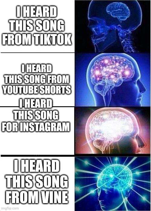 Expanding Brain | I HEARD THIS SONG FROM TIKTOK; I HEARD THIS SONG FROM YOUTUBE SHORTS; I HEARD THIS SONG FOR INSTAGRAM; I HEARD THIS SONG FROM VINE | image tagged in memes,expanding brain | made w/ Imgflip meme maker