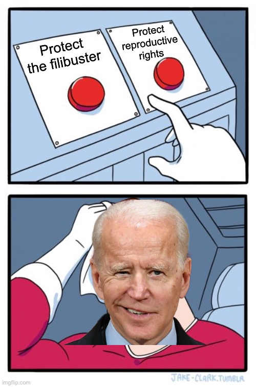 Liberals are weak | Protect reproductive rights; Protect the filibuster | image tagged in memes,two buttons,joe biden,abortion,roe v wade,liberals | made w/ Imgflip meme maker