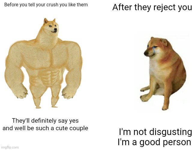 It only lasts a few days | Before you tell your crush you like them; After they reject you; They'll definitely say yes and well be such a cute couple; I'm not disgusting I'm a good person | image tagged in memes,buff doge vs cheems | made w/ Imgflip meme maker