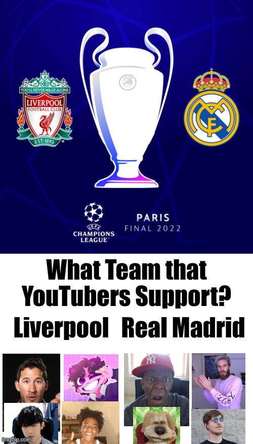 Random Liverpool vs Real Madrid UCL Final Meme with Youtubers | What Team that YouTubers Support? Liverpool; Real Madrid | image tagged in liverpool,real madrid,youtubers,champions league,futbol,lolwut | made w/ Imgflip meme maker