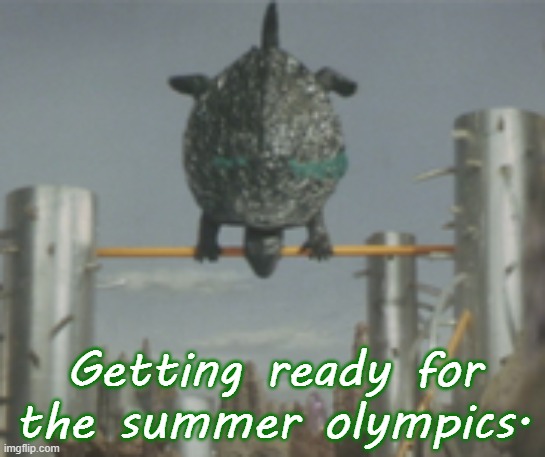 Going for the gold. | Getting ready for the summer olympics. | image tagged in gamera backflip,dear diary,sports,classic movies,kaiju | made w/ Imgflip meme maker