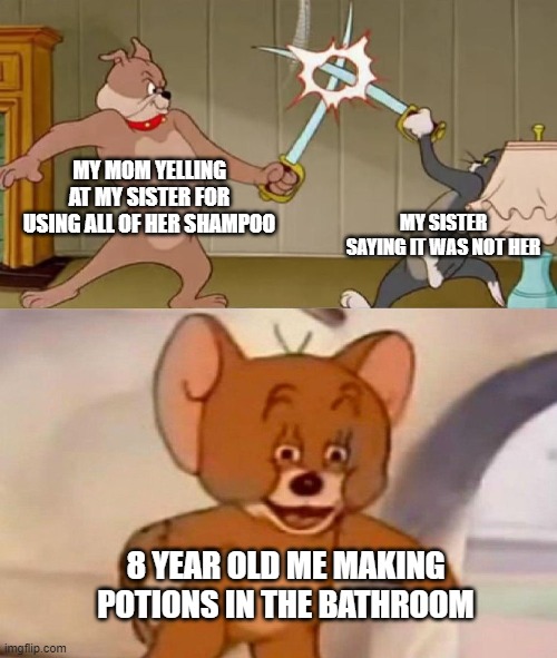 Tom and Jerry swordfight | MY MOM YELLING AT MY SISTER FOR USING ALL OF HER SHAMPOO; MY SISTER SAYING IT WAS NOT HER; 8 YEAR OLD ME MAKING POTIONS IN THE BATHROOM | image tagged in tom and jerry swordfight | made w/ Imgflip meme maker