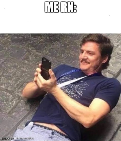 Pedro pascal smiling at phone | ME RN: | image tagged in pedro pascal smiling at phone | made w/ Imgflip meme maker