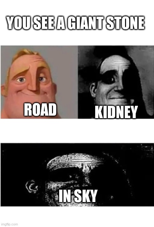 traumatized mr incredible 3 parts | YOU SEE A GIANT STONE; ROAD; KIDNEY; IN SKY | image tagged in traumatized mr incredible 3 parts | made w/ Imgflip meme maker