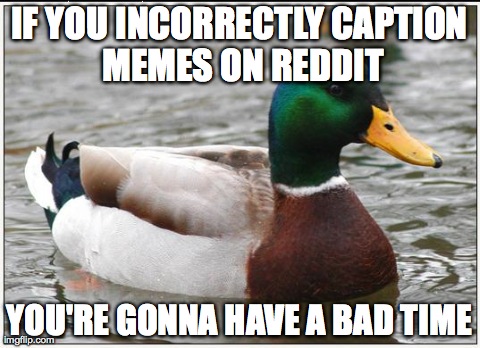 Actual Advice Mallard Meme | IF YOU INCORRECTLY
CAPTION MEMES ON REDDIT YOU'RE GONNA HAVE A BAD TIME | image tagged in memes,actual advice mallard,AdviceAnimals | made w/ Imgflip meme maker