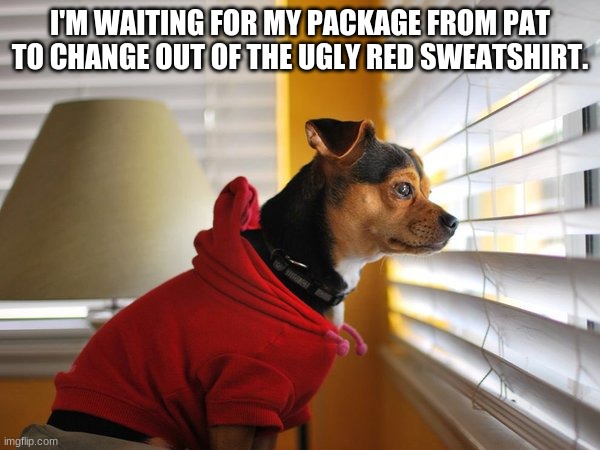Red sweatshirt | I'M WAITING FOR MY PACKAGE FROM PAT TO CHANGE OUT OF THE UGLY RED SWEATSHIRT. | image tagged in me waiting for my amazon package | made w/ Imgflip meme maker