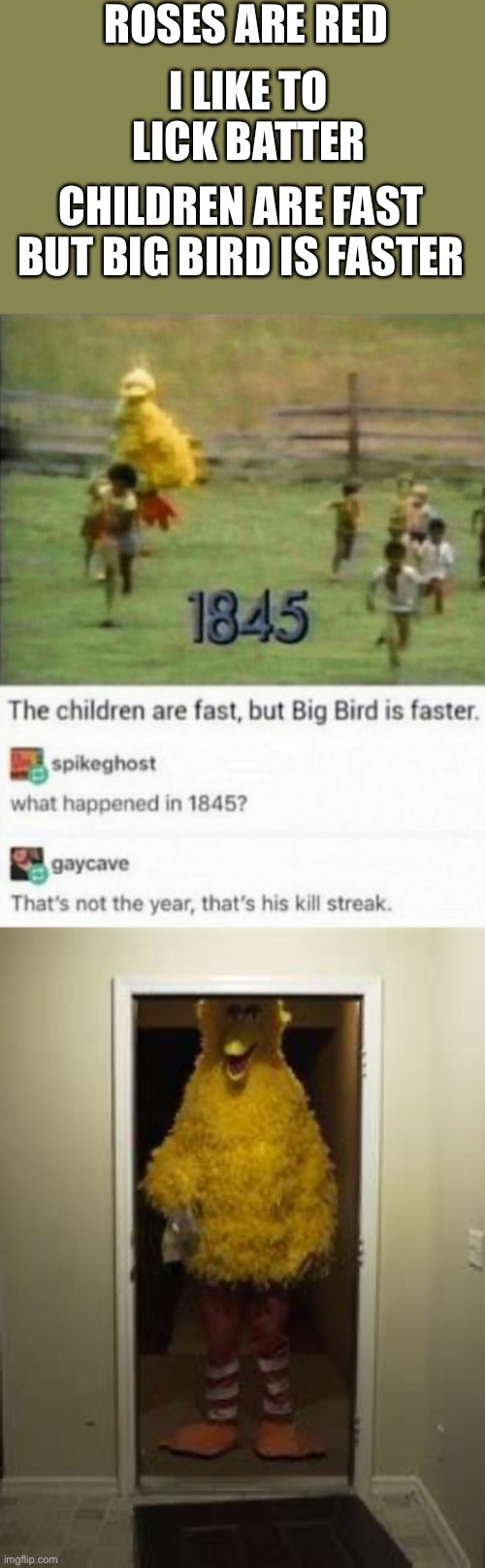 Elmo’s is larger | ROSES ARE RED; I LIKE TO LICK BATTER; CHILDREN ARE FAST BUT BIG BIRD IS FASTER | image tagged in big bird door | made w/ Imgflip meme maker