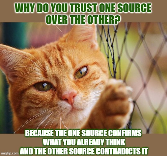 This #lolcat wonders why people trust one source over the other | WHY DO YOU TRUST ONE SOURCE
OVER THE OTHER? BECAUSE THE ONE SOURCE CONFIRMS 
WHAT YOU ALREADY THINK
AND THE OTHER SOURCE CONTRADICTS IT | image tagged in lolcat,trust,information,misinformation,think about it | made w/ Imgflip meme maker