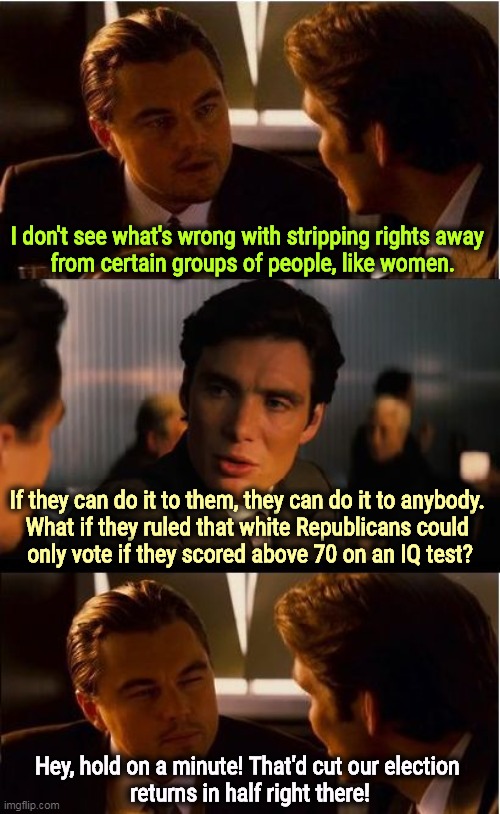 You see? | I don't see what's wrong with stripping rights away 
 from certain groups of people, like women. If they can do it to them, they can do it to anybody. 
What if they ruled that white Republicans could 
only vote if they scored above 70 on an IQ test? Hey, hold on a minute! That'd cut our election 
returns in half right there! | image tagged in memes,inception,constitution,rights,supreme court | made w/ Imgflip meme maker