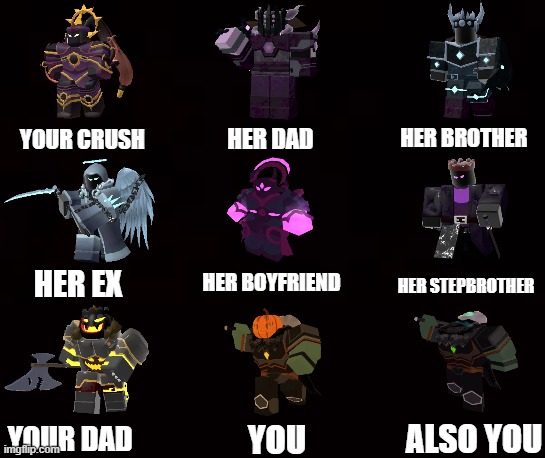 Pov: You are Jaxe and you have a crush on Umbra | HER BROTHER; HER DAD; YOUR CRUSH; HER BOYFRIEND; HER EX; HER STEPBROTHER; YOUR DAD; ALSO YOU; YOU | image tagged in your crush / her father meme,tds,tower defense simulator,crush,dad | made w/ Imgflip meme maker