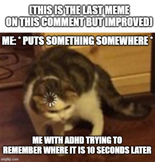 Loading cat | ME: * PUTS SOMETHING SOMEWHERE * ME WITH ADHD TRYING TO REMEMBER WHERE IT IS 10 SECONDS LATER (THIS IS THE LAST MEME ON THIS COMMENT BUT IMP | image tagged in loading cat | made w/ Imgflip meme maker