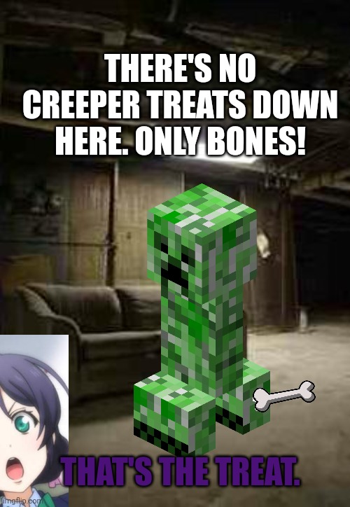 Stay down there |  THERE'S NO CREEPER TREATS DOWN HERE. ONLY BONES! THAT'S THE TREAT. | image tagged in basement,creeper | made w/ Imgflip meme maker