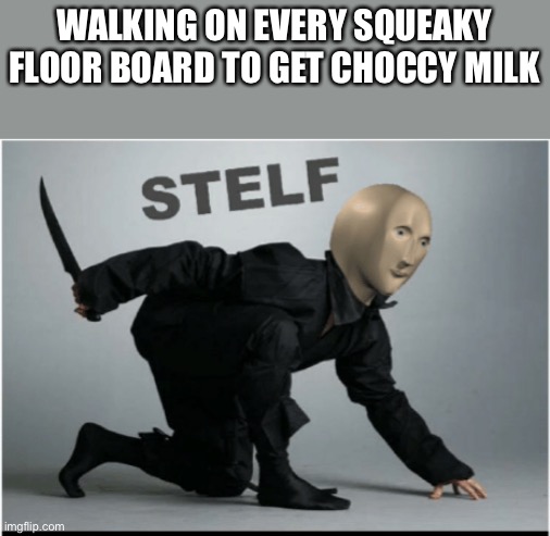 Stelf | WALKING ON EVERY SQUEAKY FLOOR BOARD TO GET CHOCCY MILK | image tagged in stelf | made w/ Imgflip meme maker