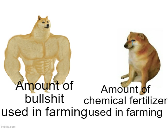 REEEEEE u need to save the environment :| | Amount of bullshit used in farming; Amount of chemical fertilizer used in farming | image tagged in memes,buff doge vs cheems | made w/ Imgflip meme maker