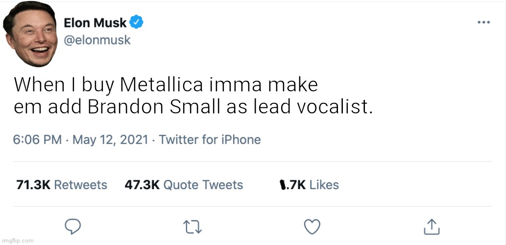 Stop Elon musk | When I buy Metallica imma make em add Brandon Small as lead vocalist. | image tagged in elon musk blank tweet,brandon,small,metallica | made w/ Imgflip meme maker