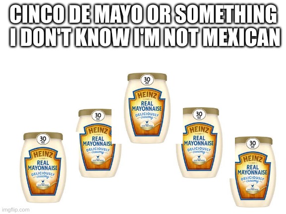 happy cinco de mayo to my mexican viewers! | CINCO DE MAYO OR SOMETHING  I DON'T KNOW I'M NOT MEXICAN | image tagged in blank white template,cinco de mayo | made w/ Imgflip meme maker