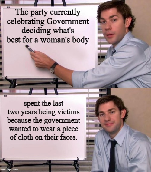 I'd laugh at this if it weren't so morbidly true. | The party currently celebrating Government deciding what's best for a woman's body; spent the last two years being victims because the government wanted to wear a piece of cloth on their faces. | image tagged in jim halpert explains,roe vs wade,roe v wade,conservative hypocrisy | made w/ Imgflip meme maker