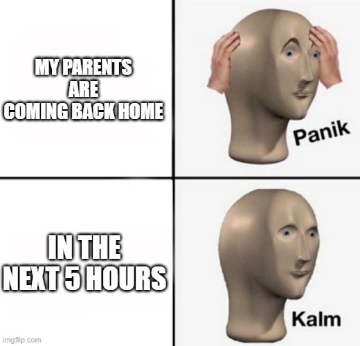 ah yes | MY PARENTS ARE COMING BACK HOME; IN THE NEXT 5 HOURS | image tagged in panik kalm | made w/ Imgflip meme maker