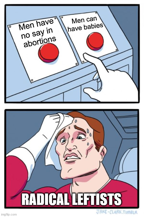 If they say men can have a baby, then we have an opinion in abortions. | Men can have babies; Men have no say in 
abortions; RADICAL LEFTISTS | image tagged in memes,two buttons,political meme | made w/ Imgflip meme maker