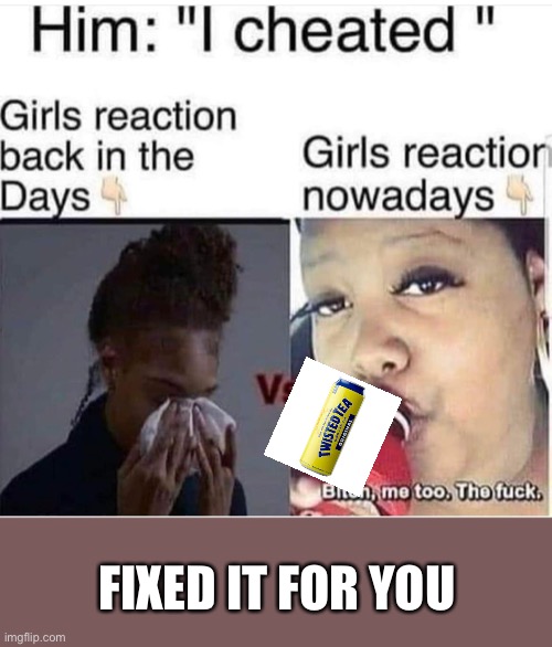 Twisted bitch tea |  FIXED IT FOR YOU | image tagged in twisted tea,tea,cheaters,bitch | made w/ Imgflip meme maker