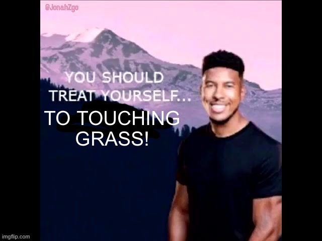 You should treat yourself now! | TO TOUCHING GRASS! | image tagged in you should treat yourself now | made w/ Imgflip meme maker