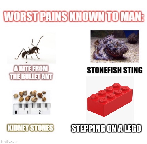 Lego | STEPPING ON A LEGO | image tagged in worst pains known to man | made w/ Imgflip meme maker