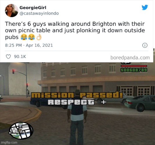 Why use a table in a resturant, when you could bring your own? | image tagged in gta mission passed respect,funny,memes,tweets,table,only in the uk | made w/ Imgflip meme maker