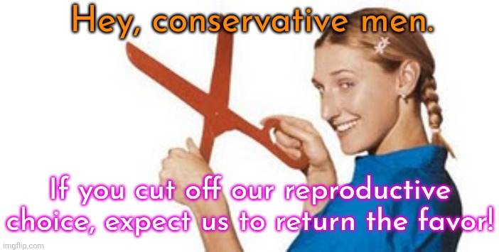It's only fair. | Hey, conservative men. If you cut off our reproductive choice, expect us to return the favor! | image tagged in lorena bobbitt,karma's a bitch,abortion,women's rights,misogyny | made w/ Imgflip meme maker