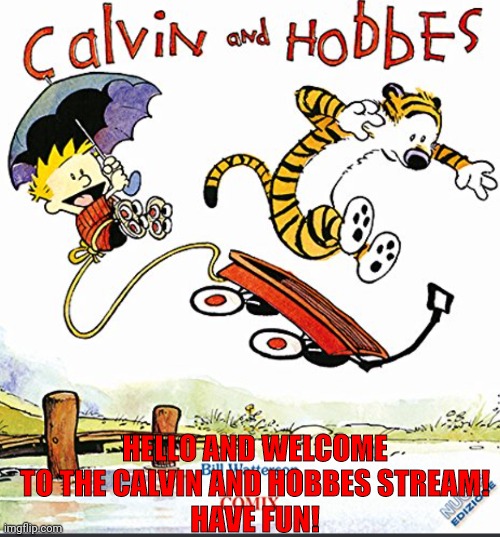 welcome! | HELLO AND WELCOME TO THE CALVIN AND HOBBES STREAM!
HAVE FUN! | image tagged in calvin and hobbes,comics | made w/ Imgflip meme maker