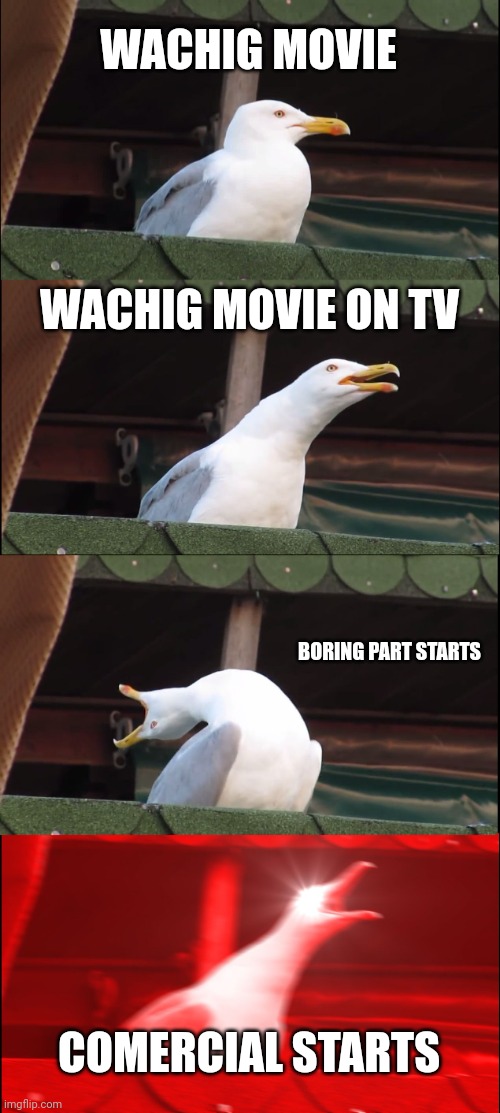Inhaling Seagull Meme | WACHIG MOVIE; WACHIG MOVIE ON TV; BORING PART STARTS; COMERCIAL STARTS | image tagged in memes,inhaling seagull | made w/ Imgflip meme maker