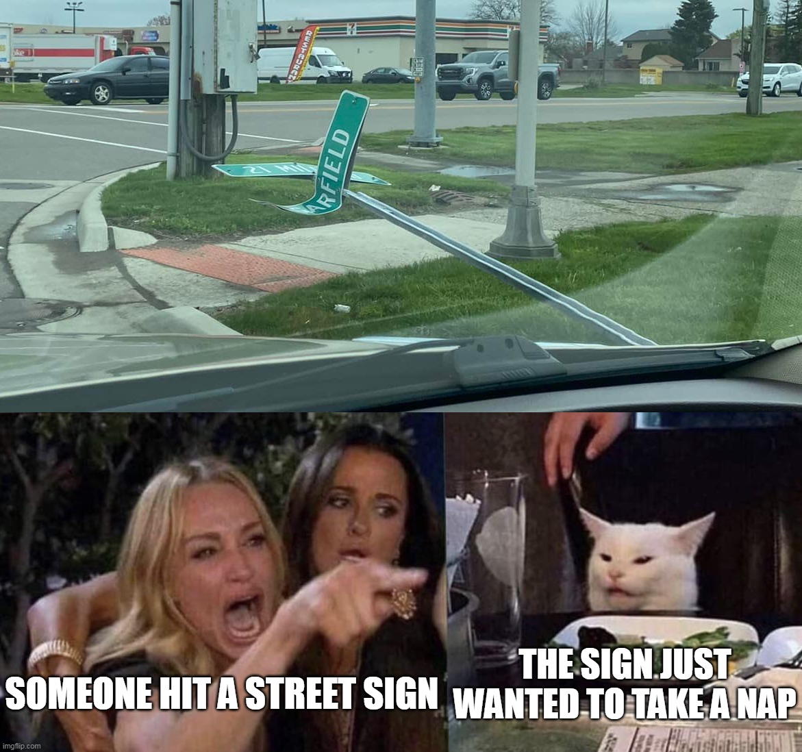 THE SIGN JUST WANTED TO TAKE A NAP; SOMEONE HIT A STREET SIGN | image tagged in woman yelling at cat,meme,memes,humor,sign | made w/ Imgflip meme maker