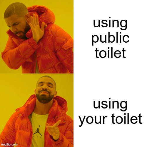 THIS IS ABSOLUTE POG | using public toilet; using your toilet | image tagged in memes,drake hotline bling,toilet,bottom text | made w/ Imgflip meme maker