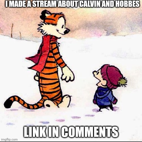 check it out | I MADE A STREAM ABOUT CALVIN AND HOBBES; LINK IN COMMENTS | image tagged in calvin and hobbes | made w/ Imgflip meme maker