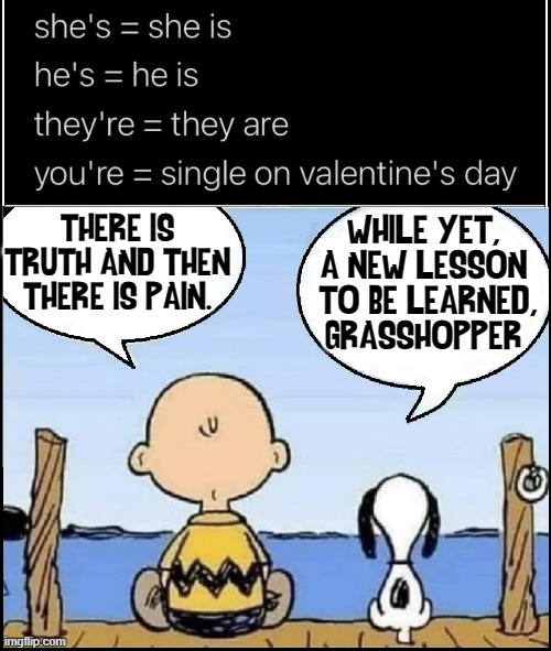 An Inconvenient Truth |  WHILE YET,
A NEW LESSON
 TO BE LEARNED,
GRASSHOPPER; THERE IS TRUTH AND THEN THERE IS PAIN. | image tagged in vince vance,punctuation,charlie brown and snoopy,memes,kung fu grasshopper,valentine's day | made w/ Imgflip meme maker