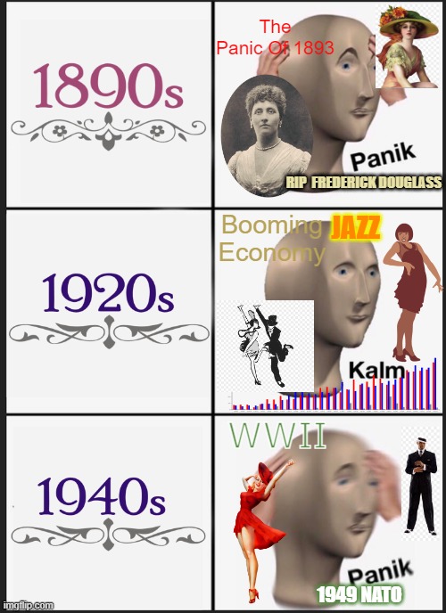 The Early 20th Century American Experience | The Panic Of 1893; RIP  FREDERICK DOUGLASS; Booming Economy; JAZZ; WWII; 1949 NATO | image tagged in memes,panik kalm panik,funny memes,timeline,history memes | made w/ Imgflip meme maker