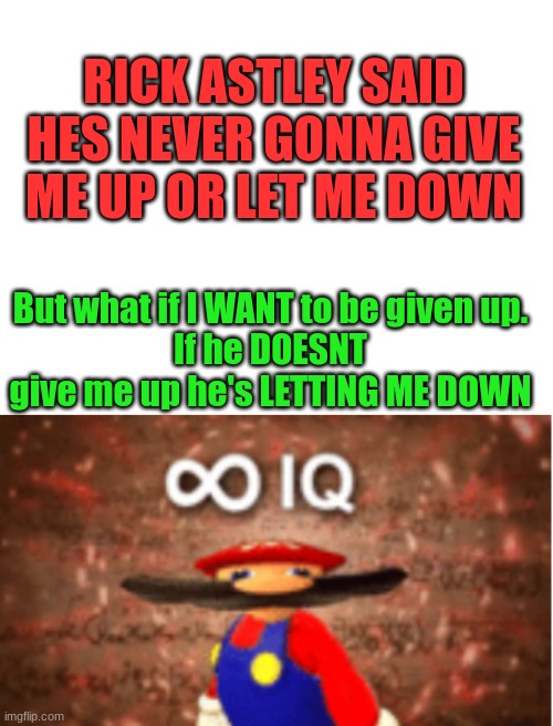 So smort smortty man | RICK ASTLEY SAID HES NEVER GONNA GIVE ME UP OR LET ME DOWN; But what if I WANT to be given up.
If he DOESNT give me up he's LETTING ME DOWN | image tagged in blank white template,infinite iq | made w/ Imgflip meme maker