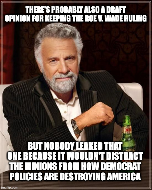 The Most Interesting Man In The World | THERE'S PROBABLY ALSO A DRAFT OPINION FOR KEEPING THE ROE V. WADE RULING; BUT NOBODY LEAKED THAT ONE BECAUSE IT WOULDN'T DISTRACT THE MINIONS FROM HOW DEMOCRAT POLICIES ARE DESTROYING AMERICA | image tagged in memes,the most interesting man in the world | made w/ Imgflip meme maker