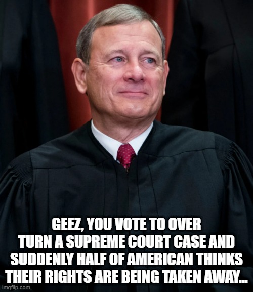 It's About States Rights People, the 10th Amendment | GEEZ, YOU VOTE TO OVER TURN A SUPREME COURT CASE AND SUDDENLY HALF OF AMERICAN THINKS THEIR RIGHTS ARE BEING TAKEN AWAY... | image tagged in john roberts | made w/ Imgflip meme maker