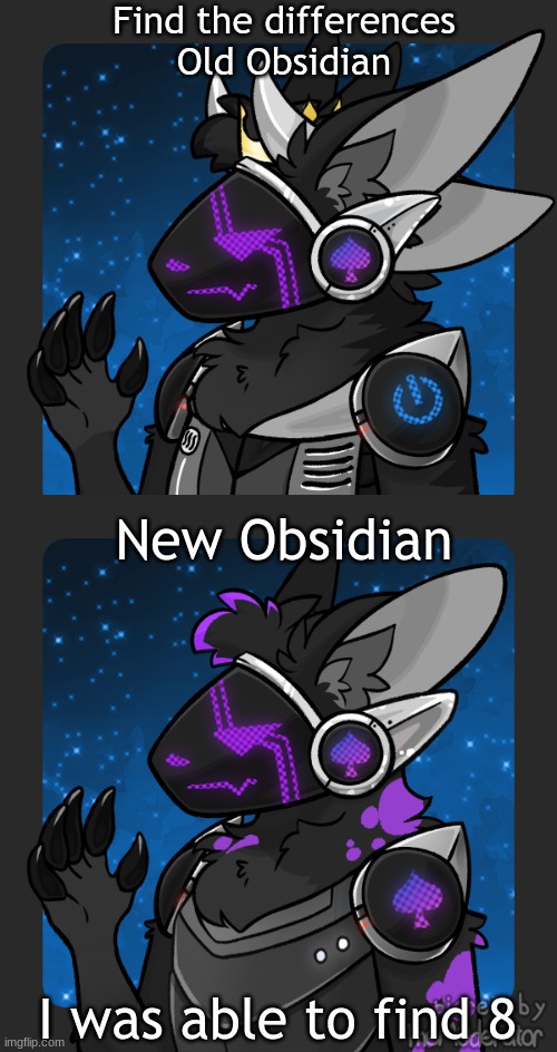 Who can find more than 8 | Find the differences
Old Obsidian; New Obsidian; I was able to find 8 | image tagged in furries | made w/ Imgflip meme maker