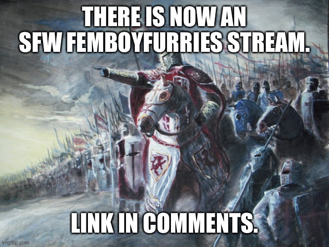 https://imgflip.com/m/sfw_femboy_furries | THERE IS NOW AN SFW FEMBOYFURRIES STREAM. LINK IN COMMENTS. | image tagged in crusader | made w/ Imgflip meme maker