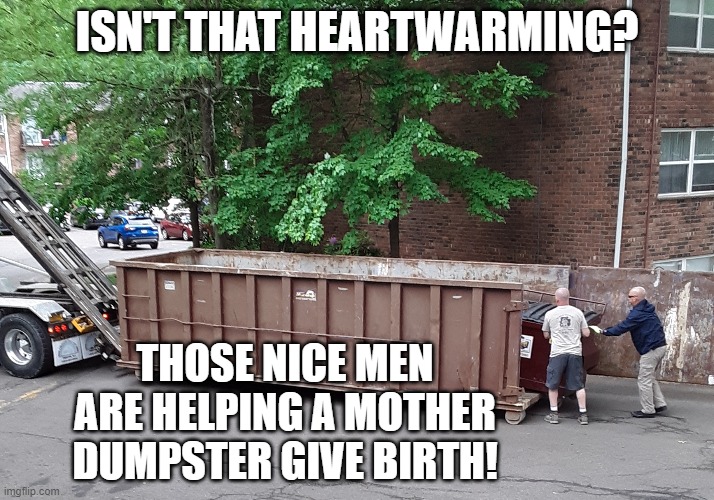 Heartwarming Dumpster Birth |  ISN'T THAT HEARTWARMING? THOSE NICE MEN ARE HELPING A MOTHER DUMPSTER GIVE BIRTH! | image tagged in comedy | made w/ Imgflip meme maker