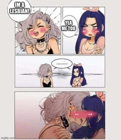 Lesbian Kissing | IM A LESBIAN! YEA ME TOO | image tagged in lesbian kissing | made w/ Imgflip meme maker