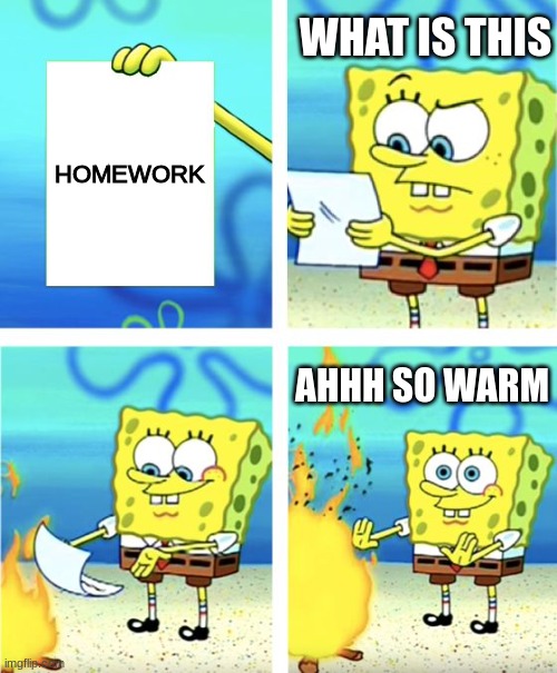 homework | WHAT IS THIS; HOMEWORK; AHHH SO WARM | image tagged in spongebob burning paper | made w/ Imgflip meme maker