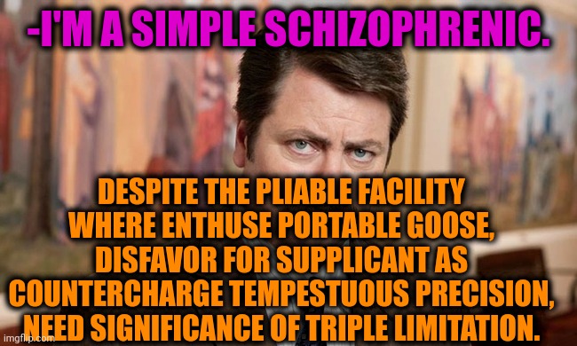 -My names. |  -I'M A SIMPLE SCHIZOPHRENIC. DESPITE THE PLIABLE FACILITY WHERE ENTHUSE PORTABLE GOOSE, DISFAVOR FOR SUPPLICANT AS COUNTERCHARGE TEMPESTUOUS PRECISION, NEED SIGNIFICANCE OF TRIPLE LIMITATION. | image tagged in i'm a simple man,schizophrenia,ron swanson,mental illness,talk to ponies,psychiatrist | made w/ Imgflip meme maker