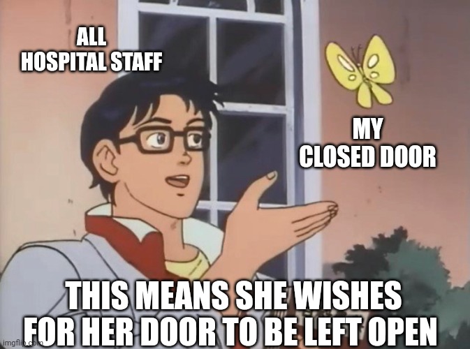 Open door policy | ALL HOSPITAL STAFF; MY CLOSED DOOR; THIS MEANS SHE WISHES FOR HER DOOR TO BE LEFT OPEN | image tagged in is this a bird | made w/ Imgflip meme maker