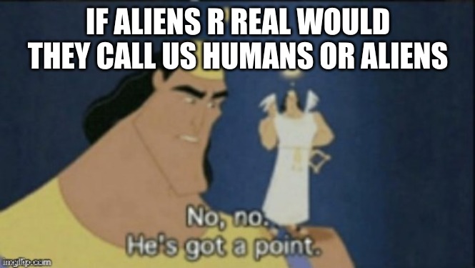 no no hes got a point | IF ALIENS R REAL WOULD THEY CALL US HUMANS OR ALIENS | image tagged in no no hes got a point | made w/ Imgflip meme maker