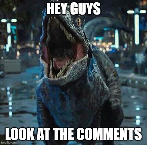 Blue says look at comments | HEY GUYS; LOOK AT THE COMMENTS | image tagged in jurassic world blue | made w/ Imgflip meme maker