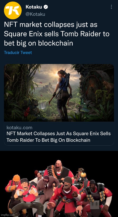 Karma for the Crypto Investers | image tagged in tf2 laughing,tf2,tomb raider,nft | made w/ Imgflip meme maker